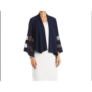 R&M RICHARDS Navy 3/4 Sleeve Open Front Duster Size L Poly Spandex Bell Sleeve